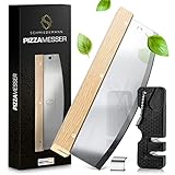 Schmiedemann Pizzaschneider - Ultrascharfes Pizzamesser mit Echtholzgriff - Premium Pizza Cutter - XXL Pizza Wiegemesser mit Mini Klingenschärfer - Hochwertiges Pizza Zubehör