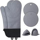 Airymium Ofenhandschuhe Topflappen Backhandschuhe Set Hitzebeständige: 6er Silikon Anti-Rutsch Topfhandschuhe Kochhandschuhe - 2 kleine Mini Ofen Handschuhe für Küche Grill, ST002, Grau