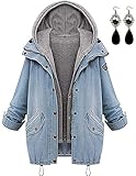 Sitengle Damen Jeansjacke Denim Winterjacke Blazer Langarmshirt 2 in 1 Kurzjacke Freizeit Blusen Oberteil Strickjacke Jäckchen Tops Mäntel Outwear Mit Zipper, Blau, Gr. L