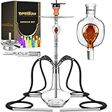 DFESKAH Shisha Set, Groß Hookah 4 Schläuche Komplettset, Wasserpfeife Edelstahl V2A 97cm Komplett 4 Anschlüsse | Molassefänger Tonkopf Kaminaufsatz*2 Mundstück Glasbowl Zange Silber