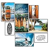 GREAT ART® Stimmungs-Poster Set Surfer | 8 Stilvolle Moderne Wandbilder Collage Deko | 4X Din A2 und 4X Din A3 | Strand Palmen Welle Surfing Sport Ozean Abenteuer Urlaub | ohne Rahmen