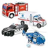 JOYIN 4er Pack Reibungsgetriebenes City Hero Spielzeug mit Feuerwehrauto, Krankenwagen, Polizeiauto und Hubschrauber-Einsatzfahrzeugen mit Licht und Ton, Geschenk für Kinder Jungen