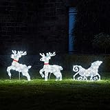 Lights4fun 120er LED Rentiere mit Schlitten Plüsch strombetrieben weiß Timer Rentier Figur Weihnachtsbeleuchtung für außen und innen Weihnachtsfigur