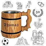 Bier Geschenk personalisiert - Holz Bierkrug mit Edelstahl Becher 0,5 L - Gravur mit Name - für Männer, Vater, Biertrinker - beliebte Alternative zum Bierglas, Glaskrug, Tasse