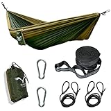 HAWK Outdoor Reise-Hängematte - Ultra-leicht - mit Befestigung mehrteilig baumschonend für Haus und Camping - 200kg Traglast - 260x140cm - Oliv/dunkeloliv