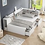 Aoskem Einzelbett Kinderbett Bett 90x200 Bett mit Stauraum Schubladen & Stauschrank & Bücherregal, Holzbett Stauraumbett Bettgestell Bettkasten, Flachbett Jugendbett Funktionsbett, Ohne Matratze, Weiß