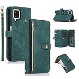 UEEBAI Hülle für Samsung Galaxy A12 5G, 9 Kartenfäche Retro Leder Geldbörse Stoßfest Flip Case mit Handschlaufe Standfunktion Reißverschluss Handyhülle Magnetverschluss Wallet– Retro Grün