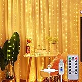 LED Lichtervorhang Lichterketten, SUNNEST 3×3m 300 LED USB Vorhanglichter String Light 8 Modi mit Fernbedienung Timer IP68 für Deko Innenbeleuchtung (Warmweiß)