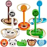 HYAKIDS 16 PCS Holz Tiere Wurfspiel Ringwurfspiel mit 5 Seilringe, Weihnachten Outdoor Ringwurfspiel für Kinder, Wurfspiel Partyspiel Familienspiel