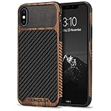 TENDLIN Kompatibel mit iPhone XS Hülle/iPhone X Hülle Holz und Carbon Fiber Leder Flexiblem TPU Silikon Hybrid Weiche Schutzhülle Kompatibel mit iPhone XS und iPhone X