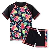 ZNYUNE Mädchen Zweiteiliger Badeanzug Stoffdruck Kinder Schwimmanzug Kurzen Ärmeln + Shorts Badebekleidung 324 BlackFlower 12A