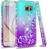 LeYi Hülle Galaxy S6 Glitzer Handyhülle mit Panzerfolie Schutzfolie(2 Stück),Cover Diamond Rhinestone Bumper Schutzhülle für Case Samsung Galaxy S6 Handy Hüllen Gradient Turquoise Purple