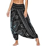 Nuofengkudu Damen Thai Hippie Pumphose Haremshose Aladinhose Gemustert Niedriger Schritt Leicht Luftig Yogahose Sommerhose(B-Schwarz Grün,Eine Größe)