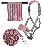 HKM 10733 Halfterset, Halfter Fliegenfransen Strick 180cm Karabiner, Mokka/Milky Pink WB