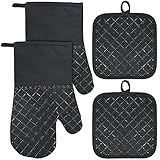 Ofenhandschuhe und Topflappen 4er Set, 300°C Hitzebeständige Topfhandschuhe Anti-Rutsch Ofen Handschuhe, Oven Mitts Küche Backhandschuhe Kochhandschuhe（Schwarz）