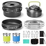 Odoland Camping Geschirr Set 17-teilige Camping Kochset Töpfen mit 0.8 L Camping Teekessel Campingbesteck und Becher Leicht Aluminium Campingtöpfe Set Faltbare Kochgeschirr für Outdoor Kochen