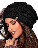 FURTALK Damen Beanie Mütze Warme Wintermütze mit Weichem Innenfutter Gefütterte Strickmütze,Schwarz,Einheitsgröße