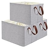 Yawinhe Aufbewahrungskorb aus Stoff mit Metallrahmen, 3-Pack Regalkorb mit Ledergriffen, Stoffkorb, Faltbare Wasserdicht, für Schrank, Regal,Kleidung, 42x32x26cm, Grau, SNK013GL-3