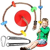 Kinder Tellerschaukel,GaxQuly 1.9m Schaukel Kletterseil mit Sicherungshaken und Trittflächen, Baumklettern Schaukel Set für Garten Outdoor & Drinnen,Belastbar bis ca. 220lbs