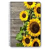 Notizbuch mit Sonnenblume und rustikaler Wand, A5, rundes Spiralbuch, liniertes Tagebuch, 14,8 x 21 cm, Hardcover, liniert, Spiralheft