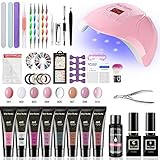 Poly Nagel Gel Gelnägel Starter Set mit 48W UV lampe, 8 Farben Nagelverlängerung Nagelgel Set mit Base&Top Coat+Rutschlösung+100 Nägel Tips+Nagelaufkleber+Maniküre-Werkzeuge, Komplette Nagelstudio-Set