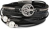 styleBREAKER Wickelarmband mit Perlen, Ketten, Flechtelement und Lebensbaum Anhänger, Magnetverschluss, Armband, Damen 05040070, Farbe:Schwarz