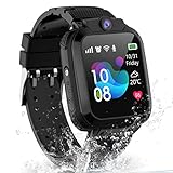 Smartwatch Kinder, Kinder GPS Intelligente Uhr Wasserdicht, Kinder Smartwatch Telefon mit IP68 SOS Handy Touchscreen Spiel Kamera Voice Chat Wecker für Jungen Mädchen Student Geschenk(Schwarz)