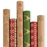 RUSPEPA Weihnachtspapierrolle - Braunes Kraftpapier Mit Rotem Und Grünem Muster - Christmas Elements Collection - 6 Rollen - 76cm X 305cm Pro Rolle