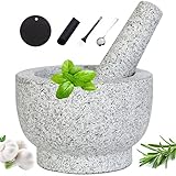 Tianman Granit Mörser mit Stößel Set Ø13cm langlebiger Steinmörser V485ml Hohe Kapazität Küche Gewürzmörser mit Knoblauchschäler und Anti-Rutsch Silikonkissen,kleine Bürste,Edelstahllöffel