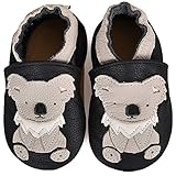 BAOLESEM Krabbelschuhe Baby Lauflernschuhe Jungen Mädchen Babyschuhe Baby Schuhe Weicher Leder mit Wildledersohlen Lederschuhe,Schwarz Koala,6-12 Monate