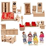 KABENFIS 5 Set Puppenhaus Möbel Zubehör mit Einer Familie von 6 Puppen Dekoration Rollenspiel Spielzeug für Mädchen Jungen