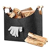 Kaminholzkorb mit Aufbewahrungstasche, Faltbar Groß Holzkorb für Kaminholz , Feuerholzkorb mit verstärktem Holzgriff Filztaschen Shopper für Kaminholz, Brennholz, 45 x 32 x 40 cm,Grau