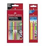 Faber-Castell 201569 Buntstift Sonderfarbset, Colour Grip, 12er Etui (Sonderfarbset 12er + 5er Etui Jumbo Neon Farben)