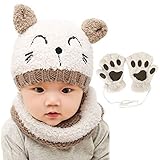 Bearbro 3 STÜCKE Kleinkind Baby Strickmütze Schal Baby Strickmütze Loop Schal Set Baby Winter Warme Beanie Cap mit Kreis Schleife Schal Handschuhe Für Kind Baby Boy Girl