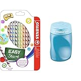 Ergonomischer Buntstift für Linkshänder - STABILO EASYcolors - 12er Pack mit Spitzer - mit 12 verschiedenen Farben & ischer Dosen-Spitzer für Linkshänder - STABILO EASYsharpener - 3 in 1 - blau