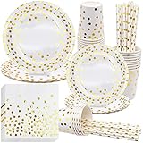 JJQHYC 80 Stück Partygeschirr Set Einweggeschirr Elegant Weiß Gold Pappteller Pappbecher Servietten Strohhalme Pappgeschirr für Hochzeit Weihnachten Geburtstag Party