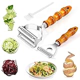 Rouclo 2 Stück Sparschäler Julienneschneider, 3-in-1 Schäler Spargelschäler mit Holzgriff und Edelstahl Klingen, Spiralschneider Peeler Gemüseschäler für Gurken,Zucchini,Gemüsenudeln