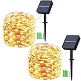 2 Stück Solar Lichterkette Aussen - Geemoo 15M 150 LED Solar Kupferdraht Lichterkette Außen Warmweiß, 8 Modi Weihnachtsbeleuchtung Solarlichterkette Wetterfest für Außen Garten Terrasse Outdoor Deko