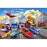 GREAT ART® Fototapete Kinderzimmer – Autorennen – Wandbild Dekoration Flugzeug Cars Abenteuer Feuerwehr Sportwagen Auto Cabrio Comic Foto-Tapete Wandtapete Fotoposter Wanddeko ( 210x140 cm)