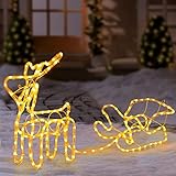 LED Rentier mit Schlitten Warmweiß 130 x 42 x 24 cm, 8 Meter Lichtschlauch Beleuchtung für Weihnachtsdeko Innen & Außen