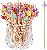 ALINK 100 Cocktailspieße Holz Spieße Fingerfood Partypicker mit Bunter Acrylperle12 cm für Grillgut, Fingerfood, Obst-Spieß, Candy und Antipasti für Party Geschenk Fasching Geburtstag Party