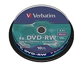 Verbatim DVD-RW 4x Matt Silver 4.7GB,10 Stueck Spindel, DVD Rohlinge beschreibbar, 4-fache Brenngeschwindigkeit & Hardcoat Scratch Guard, DVD leer, Rohlinge DVD wiederbeschreibbar,(10 Stück )1er Pack