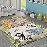 Paco Home Kinderteppich Kinderzimmer Dschungel Tiere Giraffe Löwe AFFE Zebra Beige Creme, Grösse:140x200 cm