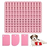 SPOKKI Backform für Hundeleckerli, 5 Formen in 1 Rosa Silikon Backmatte Hundekekse, Knochen und Fisch Backform mit 3 Pcs Silikonbürsten Teig Schaber für DIY Hundekekse und Leckerlis