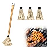 Grillpinsel BBQ Pinsel Basting Mop Profi Sauce Soßen Marinaden Grillbürste Barbecue mit Holzgriff und 3 Stück Extra Ersatz Köpfe zum Kochen Braten Grillen