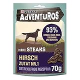 PURINA AdVENTuROS Mini Steaks Hundeleckerli getreidefrei, Hundesnack reich an Hirsch, 7er Pack (7 x 70g)