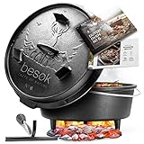 besøk® Dutch Oven Feuertopf [ca. 6 Liter] BBQ gusseiserner Kochtopf bereits eingebrannt - Topf mit Füßen, Deckel, Deckelheber und Booklet mit Rezeptideen