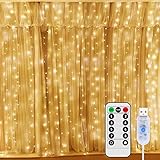 Greatever Lichtervorhang, 300 LEDs Lichterkettenvorhang 3M*3M IP65 Wasserfest 8 Modi Lichterkette Warmweiß für Weihnachten Party Schlafzimmer Innen und außen Deko [Energieklasse A]