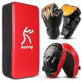 Odoland Boxsets Kinder 3 IN 1 mit Schlagpolster 6OZ Boxhandschuhe PU Handpratzen für Boxsack Boxen Kickboxen Boxtraining Kampfsport Pratze Thai Kick Boxen Pratzen