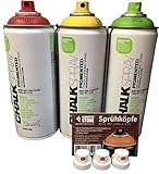 Kreide Spray - Rot, Gelb, Grün - inkl. Ersatzsprühkopf - 3x400ml Sprühdosen Montana Chalk ein kreidebasiertes Farbpigmentspray, kräftig leuchtende, matte Farbtöne, hervorragende Deckkraft